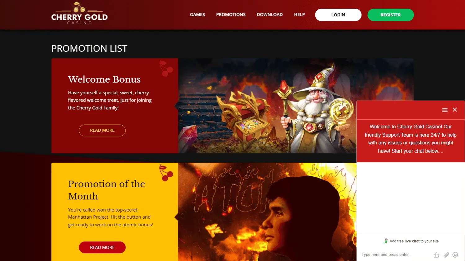 Cherry Gold Casino desktop promotions screen